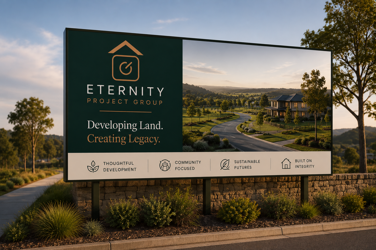 Eternity Project Group development billboard at sunset