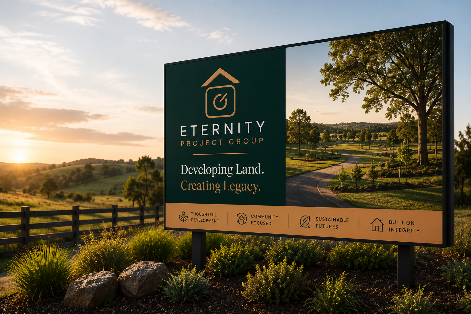 Eternity Project Group development signage at golden hour